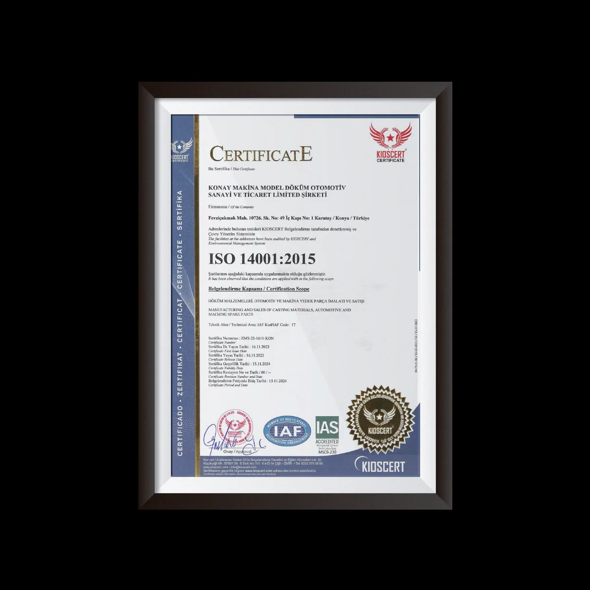 ISO 14001:2015 certificate