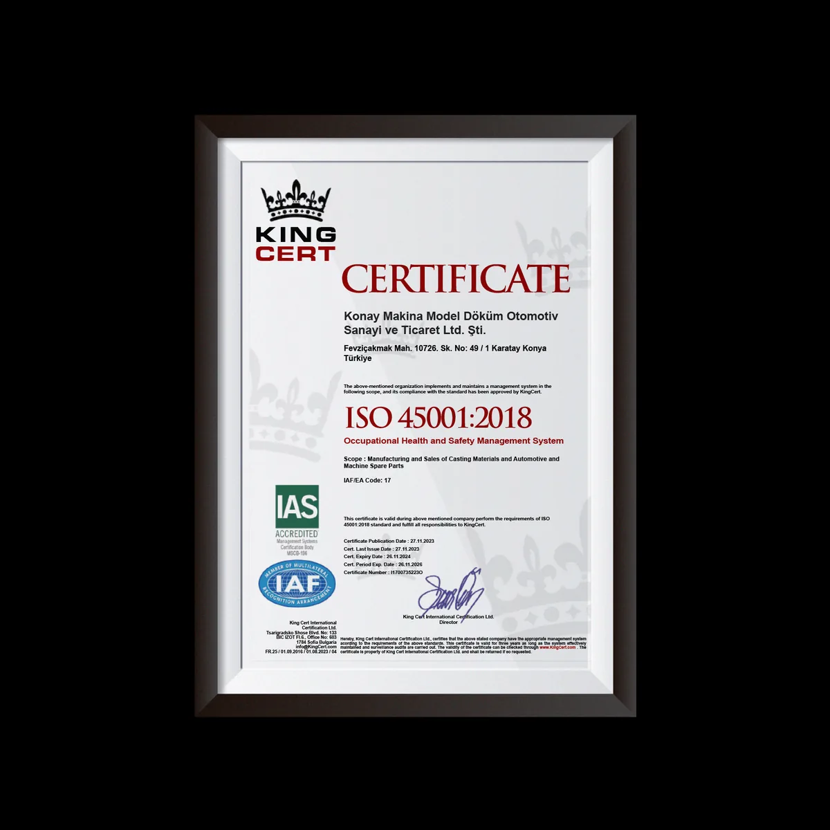 ISO 45001:2018 certificate